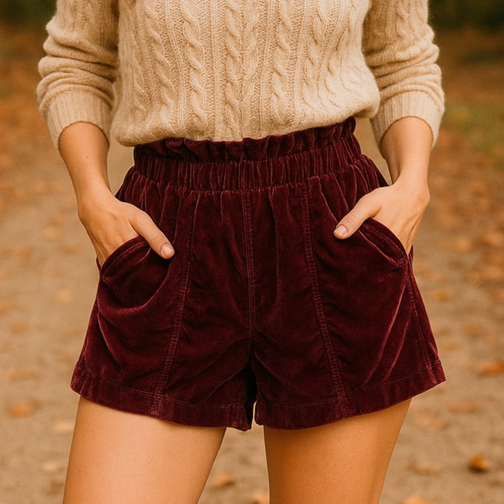 Free People At First Sight‎ Luxe Velvet Paperbag Waist Shorts In Wine Size Small